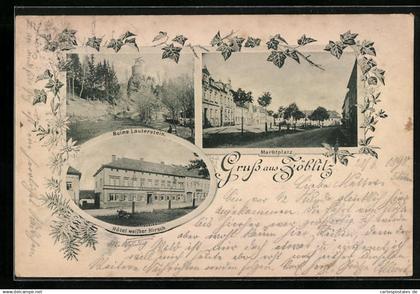 AK Zöblitz, Marktplatz, Ruine Lauterstein, Hotel Weisser Hirsch