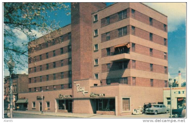 Dickinson North Dakota ND, Ray Hotel Village Inn and Service Station with Autos on c1950 Vintage Postcard