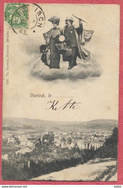 Diekirch Luxembourg - Fantaisie 2 vues  : couple de touristes sur un nuage au dessus de Diekirch vue générale 1905