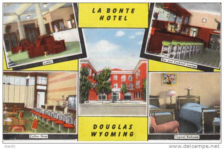 Douglas WY Wyoming, La Bonte Hotel Lodging, Multi Interior Views, c1940s Vintage Linen Postcard