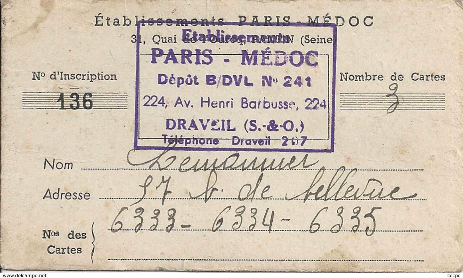 Draveil Carte Professionnelle Etablissements Paris- Médoc