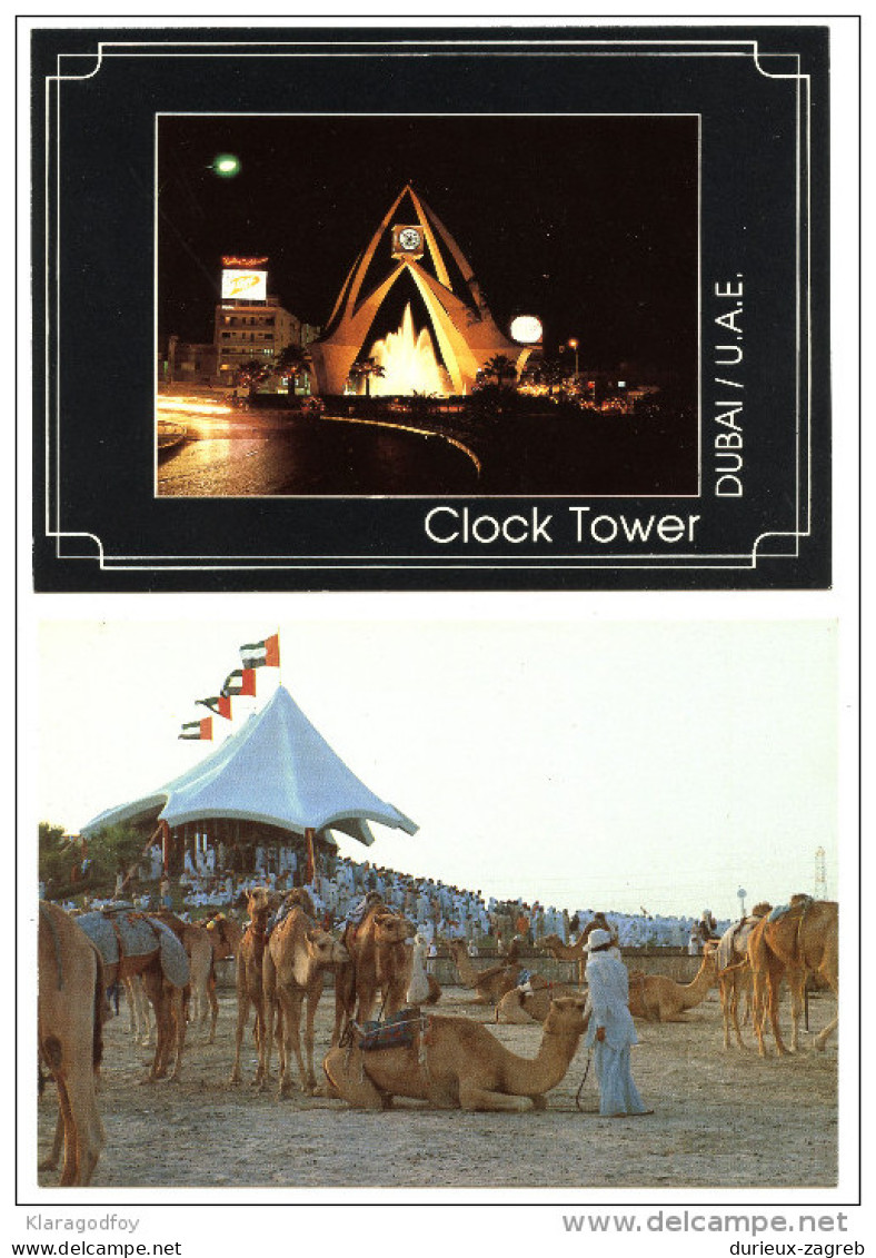 Dubai United Arab Emirates Clock Tower / Camel races two old unused postcards ms151021