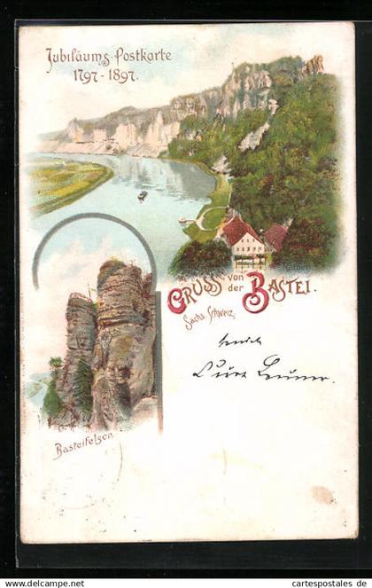 Lithographie Bastei /Sächs. Schweiz, Jubiläums-Postkarte 1797-1897, Basteifelsen