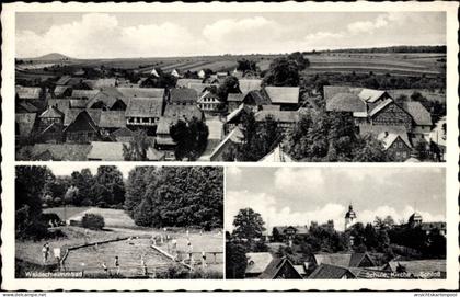 CPA Heldritt Bad Rodach Oberfranken Bayern, Waldschwimmbad, Teilansicht, Schule, Kirche, Schloss