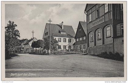 AK Bertsdorf bei Zittau Gasthof zum Hirsch Blick zum Gemeindeamt bei Hörnitz Olbersdorf Jonsdorf Grossschönau Hainewalde