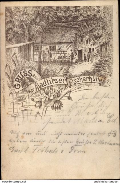 Lithographie Madlitz Wilmersdorf Briesen in der Mark, Madlitzer Fischerhütte