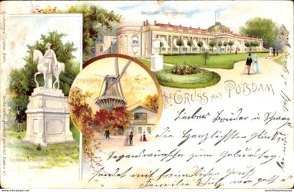 Lithographie Potsdam, Schloß Sanssouci, Histor. Mühle, Perl CPA