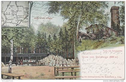 Litho AK Garten Steinberg Schutzhaus Turm bei Wernesgrün Rodewisch Stützengrün Wildenau Stempel Schönheide Crinitzberg