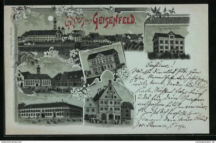 Mondschein-Lithographie Geisenfeld, Post und Gasthof Fuchsbuchler, Rathasu, Krankenhaus