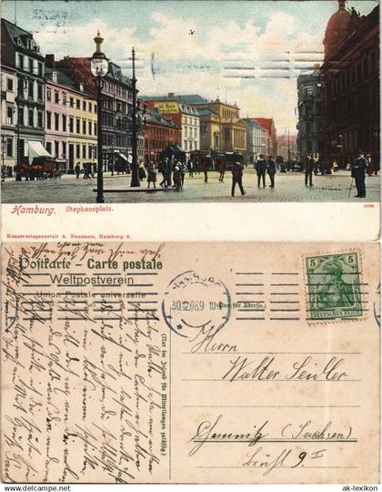 Ansichtskarte Hamburg Stephansplatz, belebt - Kiosk Tram 1908