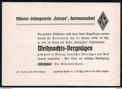 A6881 - alte Postkarte - Männer Gesangsverein Euterpe Hartmannsdorf 1939