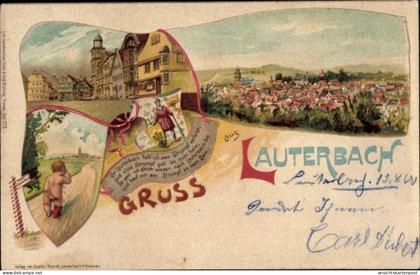 Lithographie Lauterbach an der Lauter Vogelsbergkreis, Strumpf verloren, weinendes Kind, Panorama