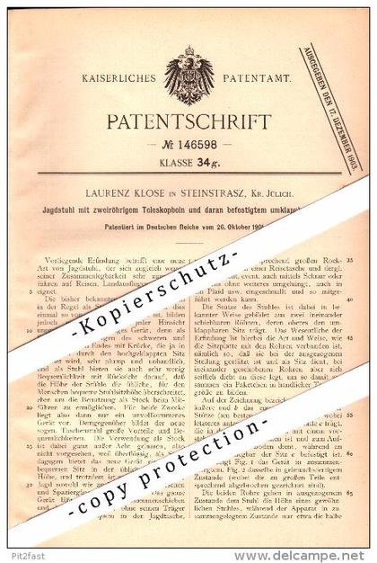 Original Patent - Laurenz Klose in Lich-Steinstraß b. Jülich , 1901 , Jagstuhl mit Teleskop , Jagd !!!