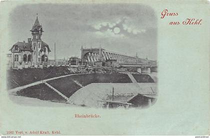 Kehl - Rheinbrücke - Mondschein Ansichtskarte - Verl. v. Adolf Kraft, Kehl