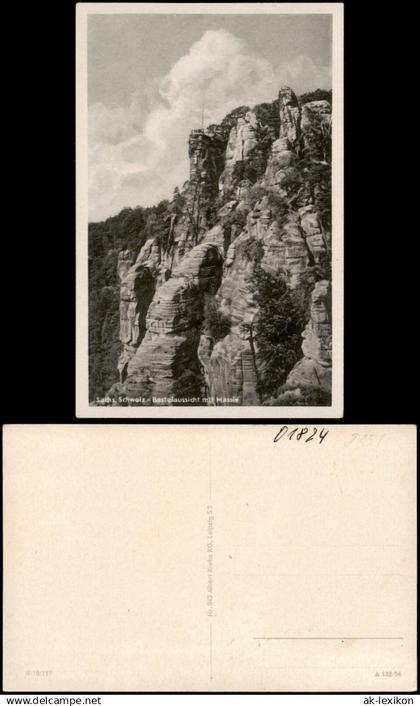 Ansichtskarte Rathen BASTEI Sachs. Schweiz. Basteiaussicht mit Massiv 1954