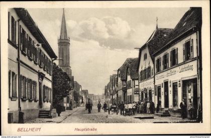 CPA Bellheim in der Südpfalz, Hauptstraße, Lederhandlung Anton Bumiller, Kirchturm