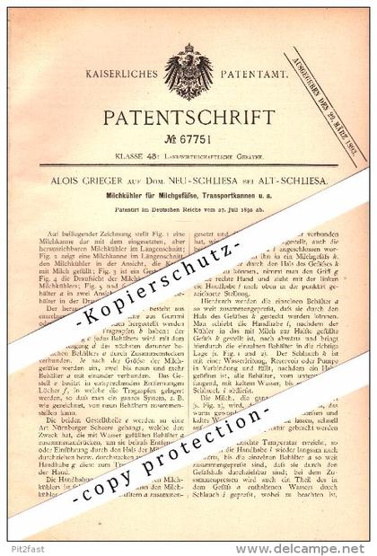 Original Patentschrift - A. Grieger in Neu Schliesa b. Wangern , Schlesien , 1892 , Milchkühler für Milckannen  , Wegry