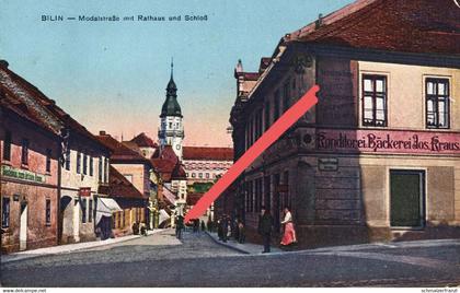 AK Bilin Bilina Modalstraße Gasthaus Bäckerei a Kutterschitz Preschen Langugest Ujest Briesen Teplitz Teplice Brüx Most