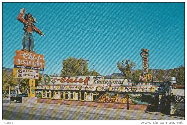 Durango Colorado, The Chief Restaurant Diner, Roadside Americana, Indian Native American Theme c1950s Vintage Postcard