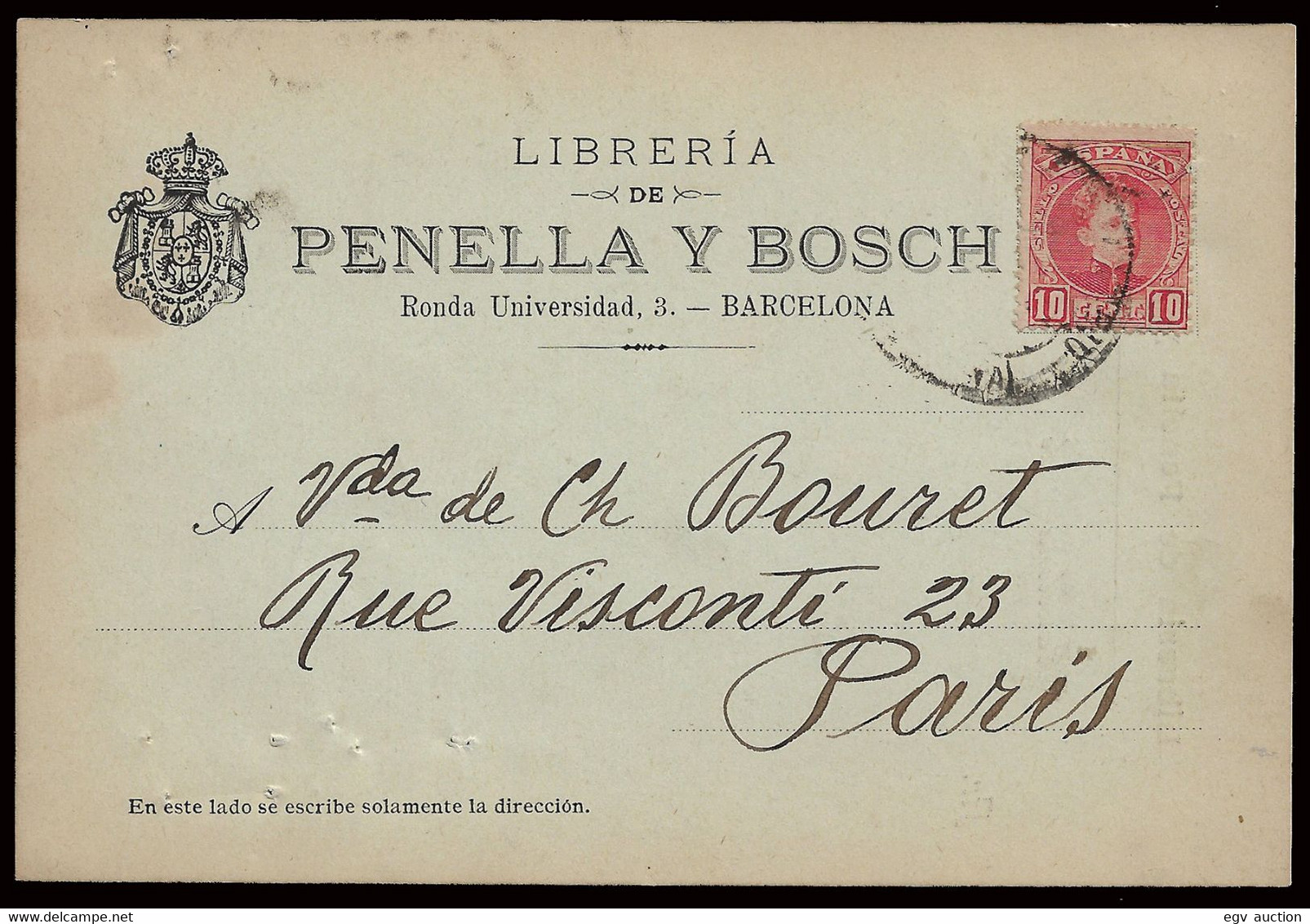 Edifil o 243 - T. Publicitaría "Librería de Penella y Bosch - Barcdelona" a París