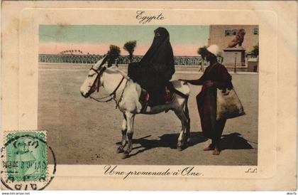 PC EGYPT, UNE PROMENADE Á ANE, Vintage EMBOSSED Postcard (b30491)