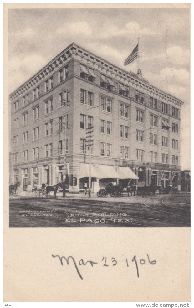 El Paso Texas, Trust Building, Street Scene c1900s Vintage Postcard