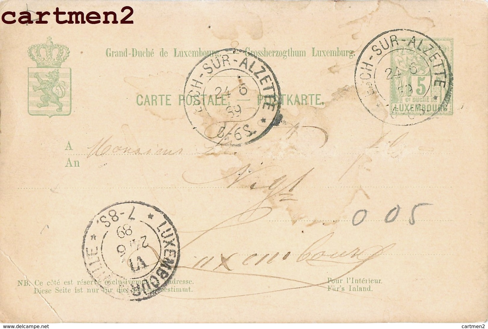 ESCH-SUR-ALZETTE ENTIER POSTALE 1889 LUXEMBOURG