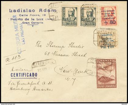 España. Canarias. sobre  13, 15. 1937. 15 cts, dos sellos, 80 cts sobre 30 cts,