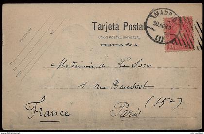 1909 - Edifil o 243 - T. Postal con rodillo corto "Madrid 30/Abr./09" (falta -9- en fechador) a París