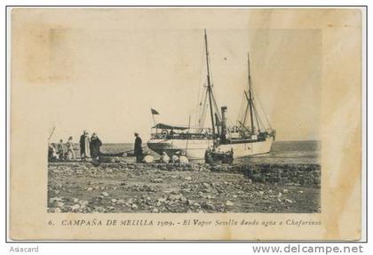Campana de Melilla 1909 El Vapor Sevilla dando agua a Chafarinas  Boumendil Sidi Bel Abbès