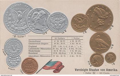 Litho Münzkarte AK United States America USA Etats Unis Amerique Dollar Cent 1853 Liberty Nationalflagge Coin Pièce