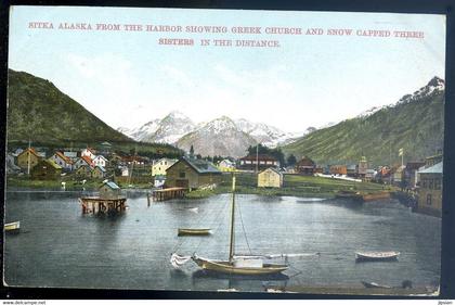 cpa USA  Sitka Alaska from the harbor showing Greek Church and Snow Capped Three Sisters in the distance   JA22-67