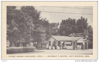 Hot Springs AR Arkansas, Court Green Pastures Cottages Motel and Gulf Gas Station on c1940s Vintage Postcard