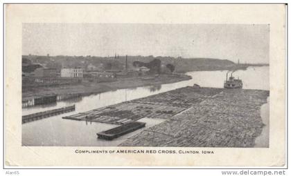 Clinton IA Iowa, Greetings Compliments of Red Cross WWI, Riverboat Barge on c1910s Vintage Postcard