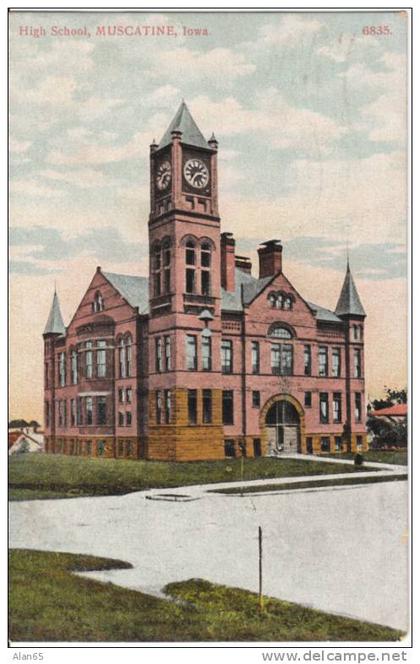 Muscatine Iowa High School on Vintage Postcard, Muscatine IA Flag Cancel Postmark 1911