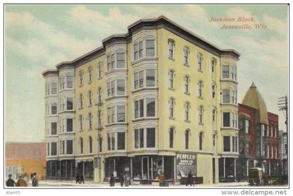 Janesville WI Wisconsin, Jackman Block, Street Scene, Peoples Drug Co. Sign, c1900s/10s Vintage Postcard