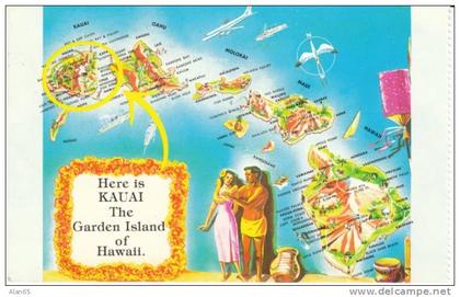 Kauai Island HI Hawaii, Map Shows Garden Island Kauai on c1980s Vintage Postcard