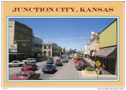 Junction City KS Kansas, Main Street Scene, Autos, c1980s/90s Vintage Postcard