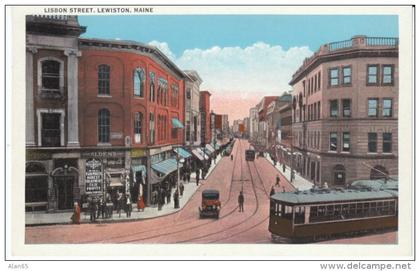 Lewiston Maine, Lisbon Street Scene, Street Car Business District c1910s/20s Vintage Postcard