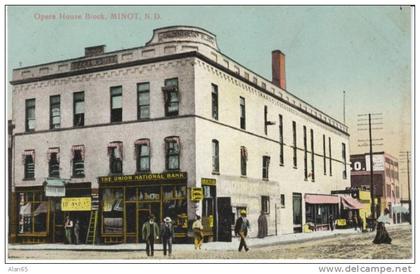 Minot ND North Dakota, Opera House Block, Union National Bank, Street Scene , 1910s Vintage Postcard