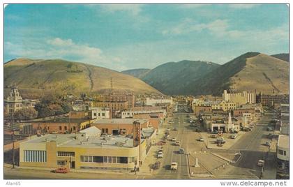 Missoula Montana, Panoramic View of Downtown Streets, Auto, Businesses, c1950s Vintage Postcard