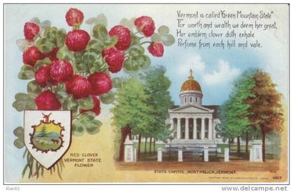 Vermont State Capitol Building , State Flower Red Clover, Montpelier VT on c1910s Vintage  Postcard