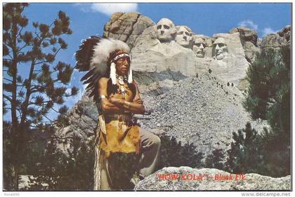 cp AMERIQUE USA Etat unis  Mount Rushmore and black elk a Sioux warrior Heads of four presidents / colorisée Indien Siou