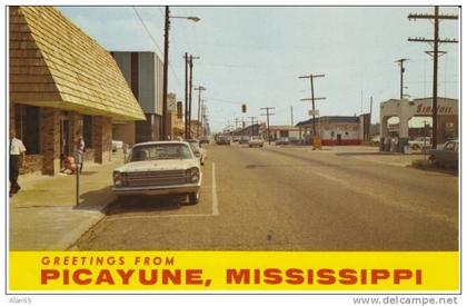 Picayune MS Mississippi, Street Scene, Sinclair Service Gas Station, Donuts Sign, c1960s Vintage Postcard