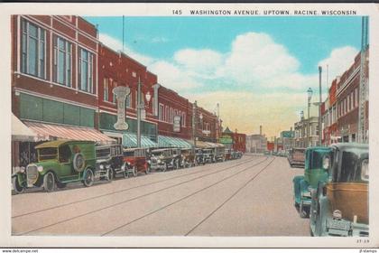 1930. USA. Postcard 145 WASHINGTON AVENUE, UPTOWN, RACINE, WISCONSIN. Impressive number of parked cars.   - JF437451