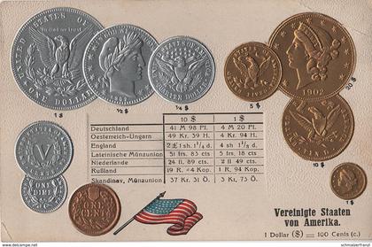 Litho Münzkarte AK United States America USA Etats Unis Amerique Dollar Cent 1853 Liberty Nationalflagge Coin Pièce