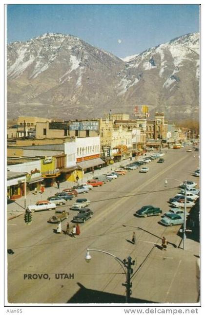 Provo UT Utah, Main Street, Autos, Business Signs Theater, c1950s Vintage Postcard