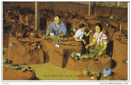 Salina KS Kansas, Indian Burial Ground Excavation, Archaeology, c1940s Vintage Linen Postcard