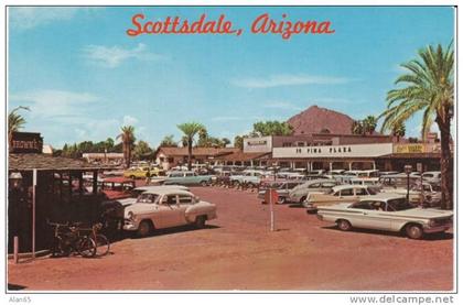 Scottsdale AZ Arizona, Shopping District Dirt Street Auto on c1950s60s Vintage Postcard