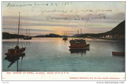 Sitka Alaska Harbor Scene Boats 9:45 PM Sunset, c1900s Vintage Postcard